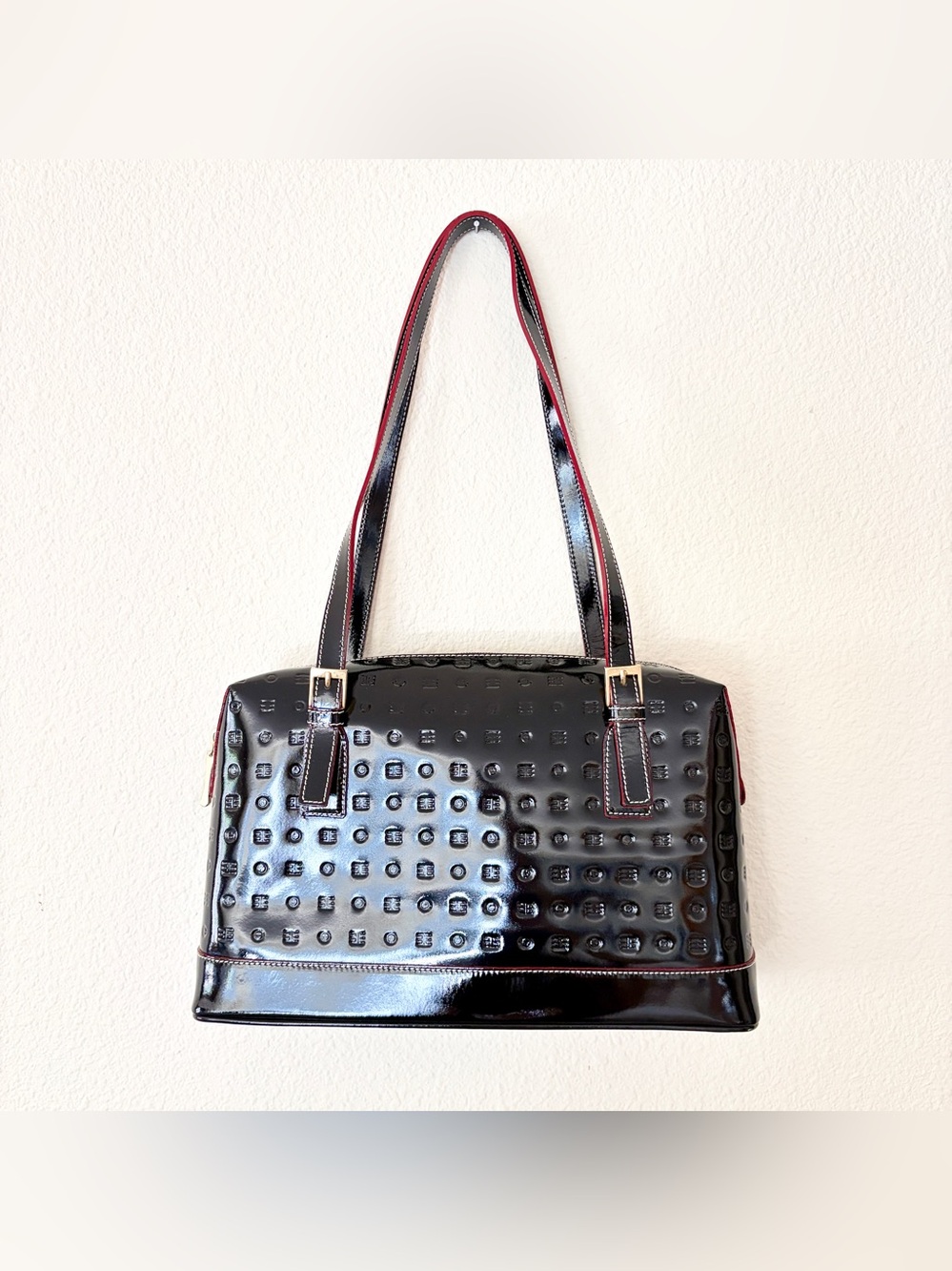 Arcadia Black Patent Embossed Leather Shoulder Bag with Red Trim Made in Italy - Picture 2 of 6